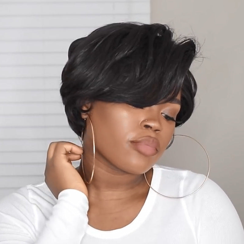 Black bob micro curl short hair